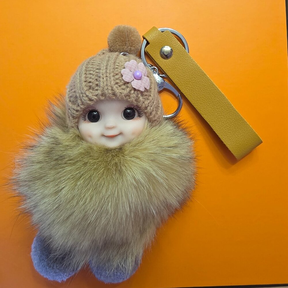 Cute Smiling Fur Baby Keychain with LOVE tag, Plush rabbit fur, Bag Charm